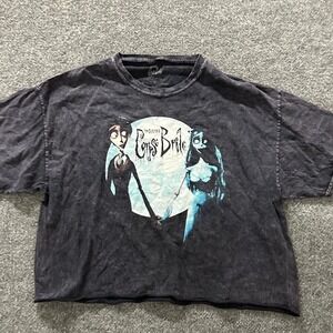 Corpse Bride T-Shirt Womens XL Gray Acid Wash Cropped Raw Hem Graphic Movie Tee